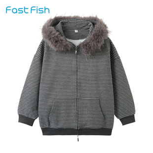 快鱼女外套2026年春新款大毛毛领外套针织百搭通勤休闲开衫卫衣