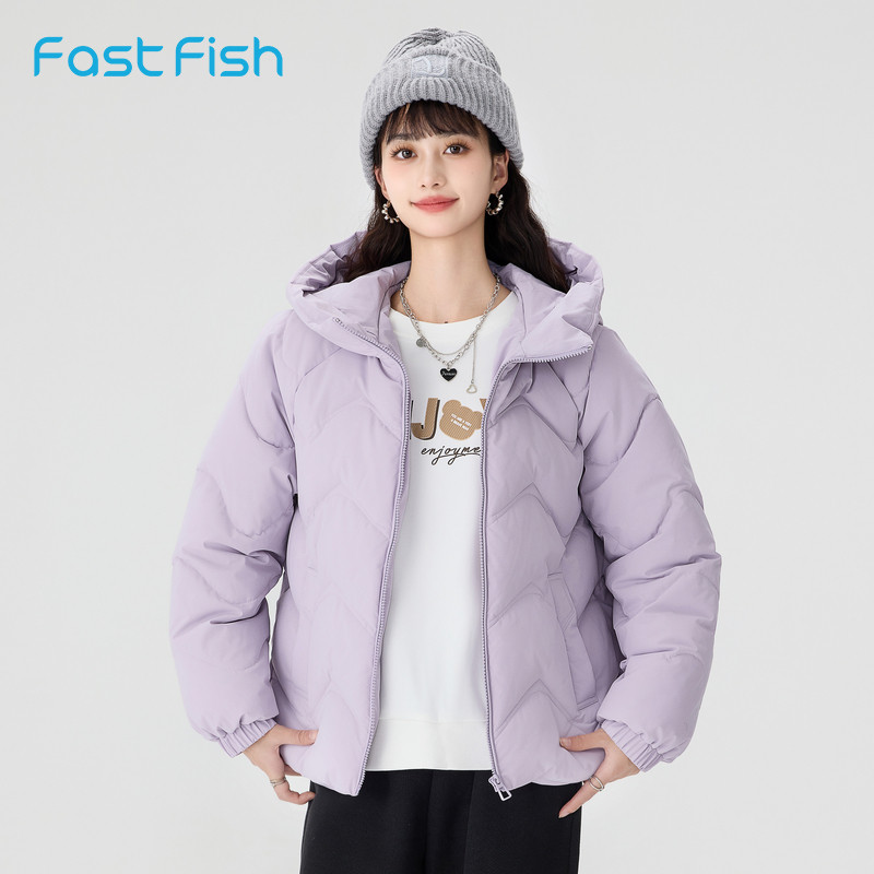 快鱼棉服女2025年冬季新款微宽松净色连帽外套防寒保暖加厚小棉袄