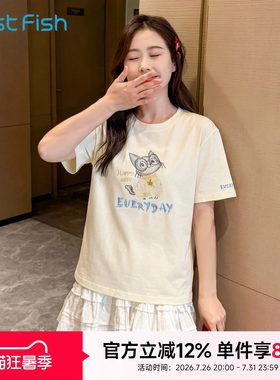 快鱼2026夏季新款韩版时尚休闲宽松圆领短袖卡通小猫图案T恤上衣
