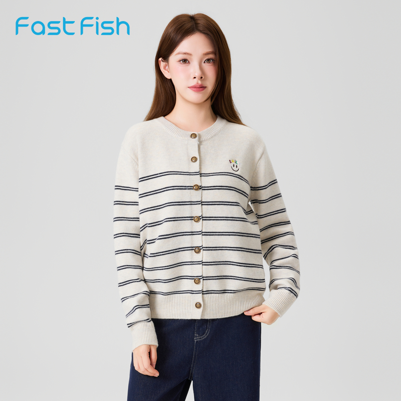 快鱼条纹针织衫女2025年冬新款柔软舒适毛衣气质百搭上衣开衫女装