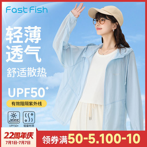 快鱼连帽防晒衣女2024年夏季新款防紫外线透气百搭超薄梭织防晒服