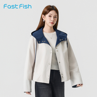 快鱼休闲夹克2026春季新款韩系连帽撞色外套时尚减龄显瘦派克服