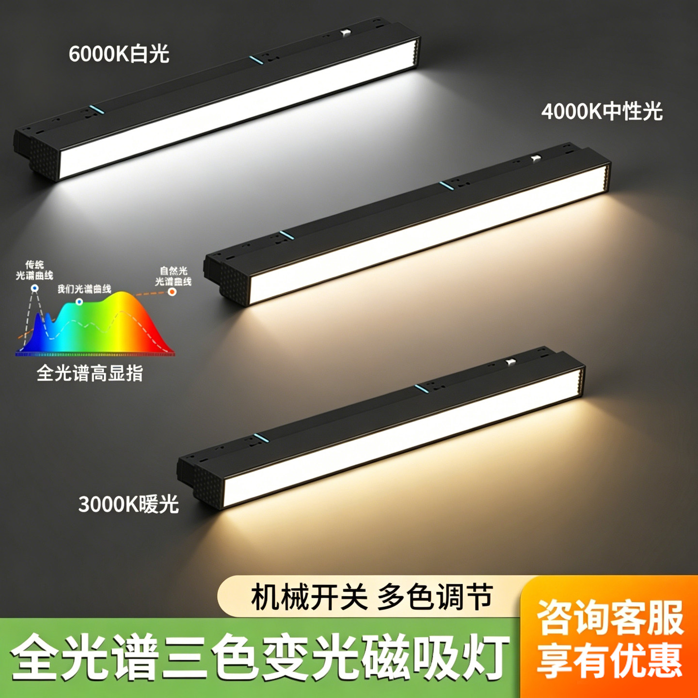 磁吸轨道灯三色变光轨道磁吸射灯
