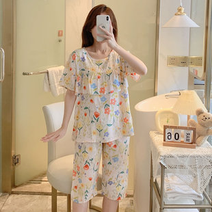 女士夏季 棉绸睡衣套装 人造棉加肥大码 短袖 绵绸家居服 韩版 背心短裤