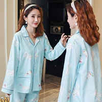 Bộ đồ ngủ nữ dài tay cotton mùa xuân và mùa thu mỏng phiên bản Hàn Quốc của chất liệu cotton dệt thoi giản dị - Giống cái bộ ngủ