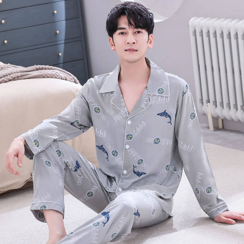 棉绸男士睡衣春秋季翻领长袖开衫