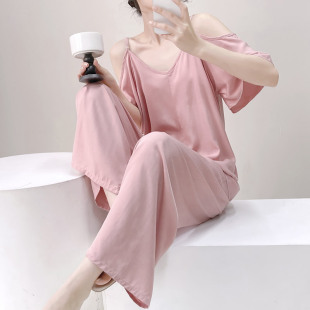 可外穿绵绸人造棉网红家居服 2025新款 棉绸睡衣女春秋夏天短袖 套装