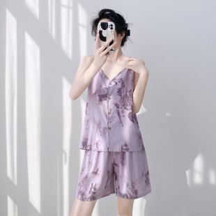 睡衣女可外穿薄款 夏季 棉绸中青年绵绸家居服夏天宽松 吊带短裤 开衫