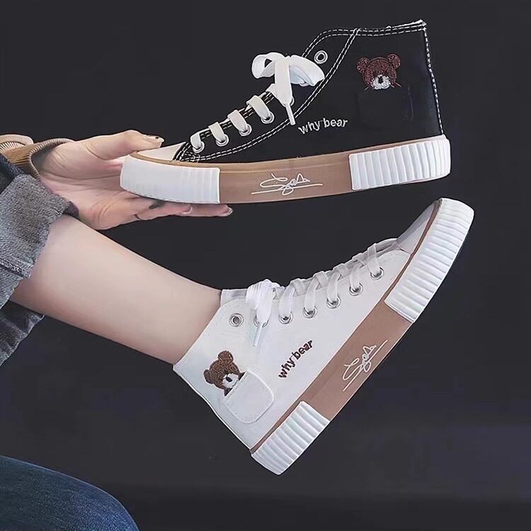 口袋小熊高帮帆布鞋女ins帆布鞋百搭可爱板鞋新款女鞋