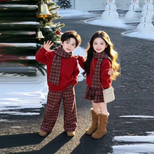 男女童新年拜年服冬季2025新款兄妹圣诞红色毛衣格子裤裙姐弟套装