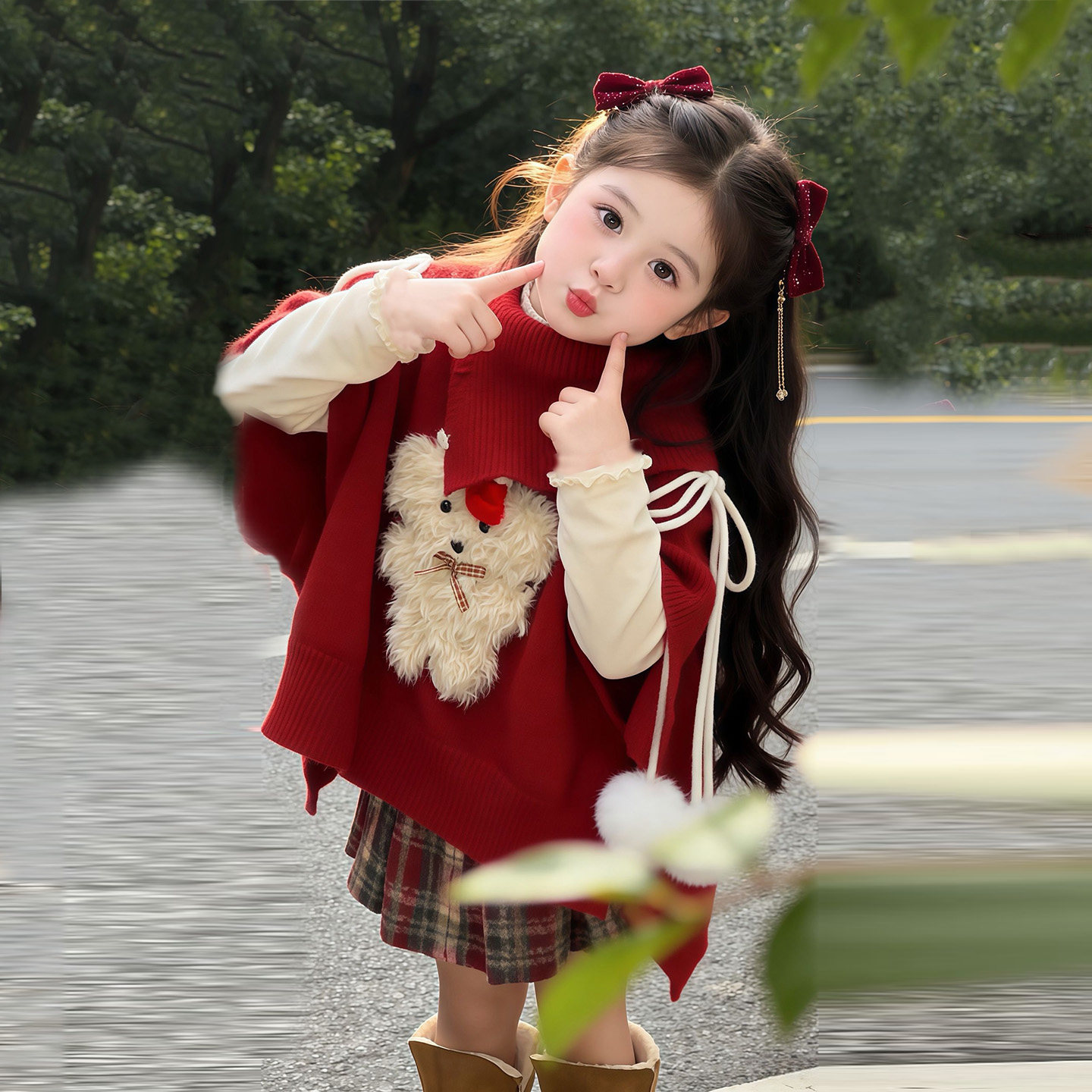 韩版氛围感小狗针织斗篷高领毛衣女格纹短款半身裙打底衫三件套装,童装/婴儿装/亲子装,套装,淘宝优惠券,粉丝福利购,淘宝优惠卷