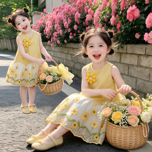 女童连衣裙夏季新款洋气甜美时尚女宝宝立体太阳花无袖花朵公主裙