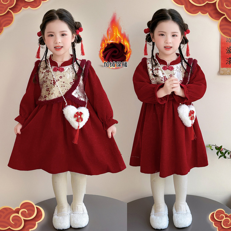 2025儿童新款中国拜年加厚连衣裙过年喜庆女童秋冬季新年裙子