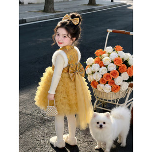 女童公主风蝴蝶结蛋糕连衣裙2026秋冬加绒蓬蓬裙小女孩生日礼服裙