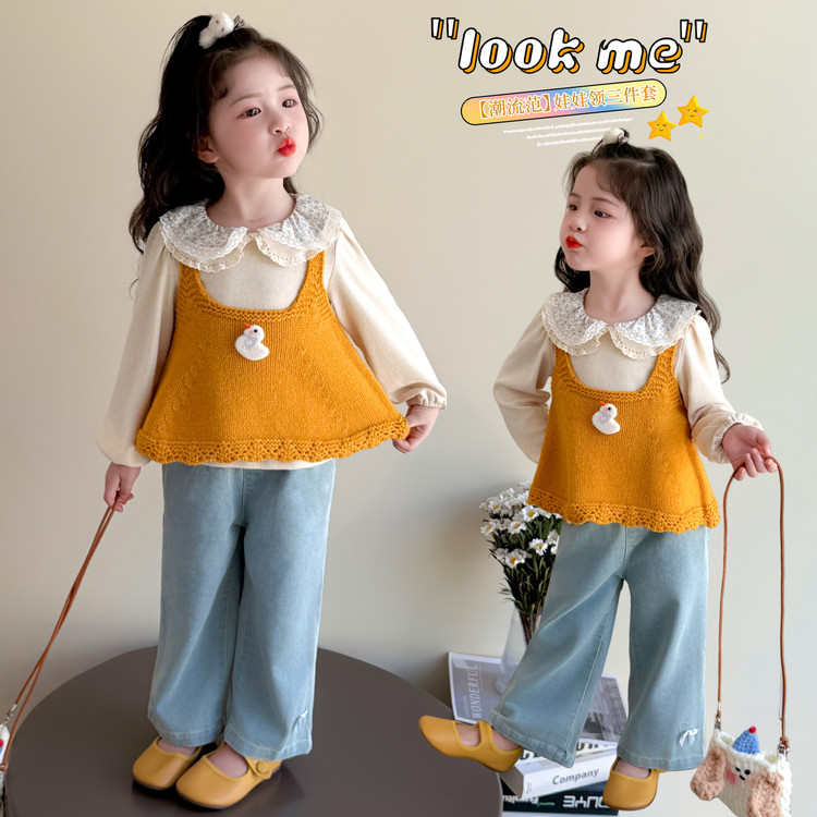 2025女童春秋秋款套装新款叠穿宽松毛衣马甲针织上衣潮款时髦衣服