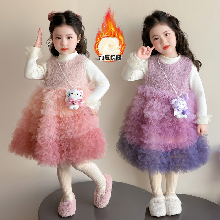 女童连衣裙套装秋冬2025新款儿童冬季洋气加厚蛋糕裙宝宝公主裙子