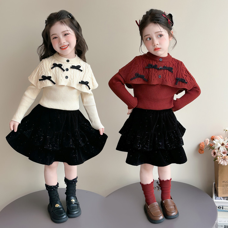 女童毛衣秋冬款裙套装2026新洋气披风斗篷冬季儿童宝宝新年针织衫