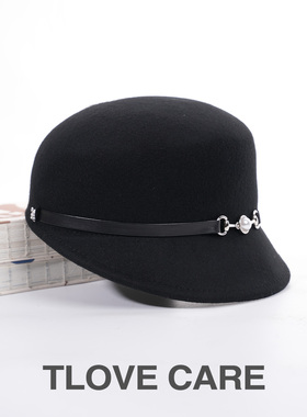 9985+千金风黑色毛呢帽女秋冬百搭圆顶平檐皮带扣优雅复古帽子
