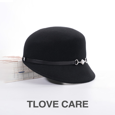 9985+千金风黑色毛呢帽女秋冬百搭圆顶平檐皮带扣优雅复古帽子