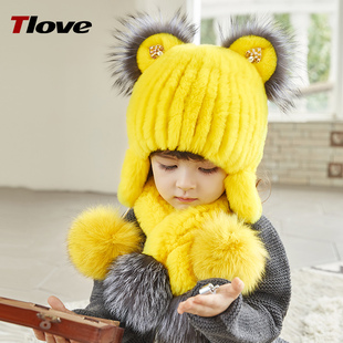 儿童帽子围巾套装冬季加厚保暖护耳帽獭兔毛帽可爱女宝宝皮草帽子