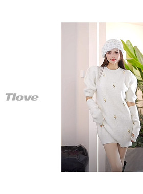 Z756秋冬季新款中长款毛衣女士时尚百搭圆领保暖泡泡袖设计感毛衣