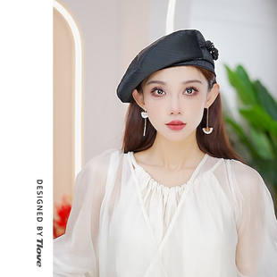 4917优雅气质贝雷帽女士春夏季 黑色醋酸帽子舒适轻盈百搭帽子 新款