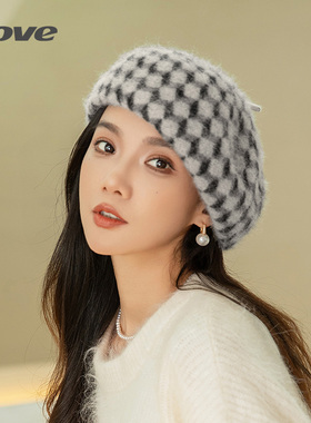 9491+9249秋冬新款羊毛贝雷帽保暖兔毛帽子时尚韩版格纹蓓蕾帽
