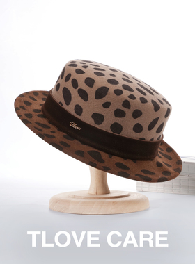 9934+轻奢豹纹羊毛呢平沿帽女秋冬时尚平顶小礼帽英伦风