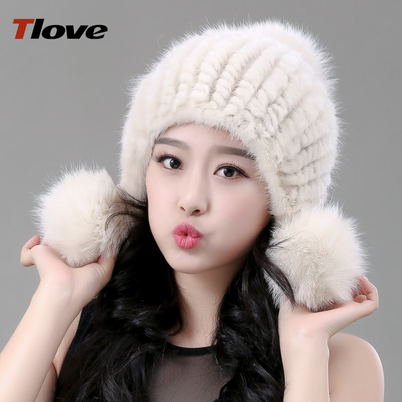 tlove秋冬季女士保暖毛球护耳帽新款韩版时尚水貂毛皮草帽子冬天