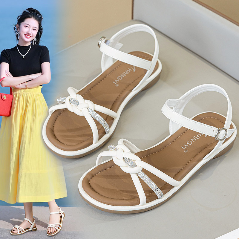 法式仙女风水钻一字带平底凉鞋女夏外穿时尚高级感大码女鞋41到43