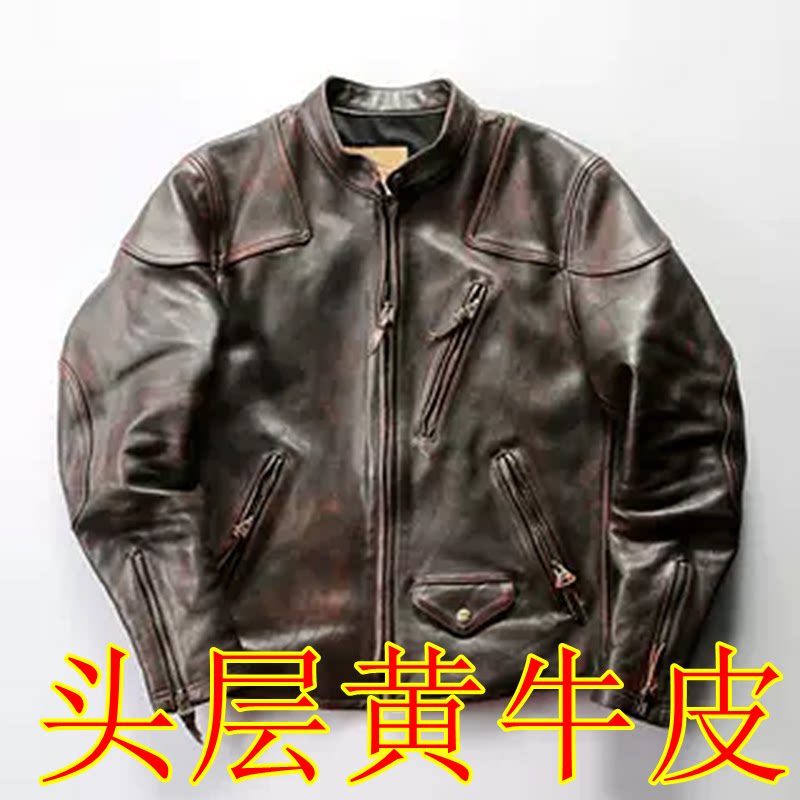 复刻RL毒液真皮夹克男立领重水洗头层原皮复古做旧机车黄牛皮夹克