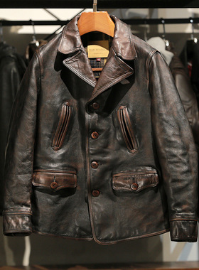 美式调度员马皮皮衣水洗做旧翻领短款复古阿美咔叽真皮机车夹克