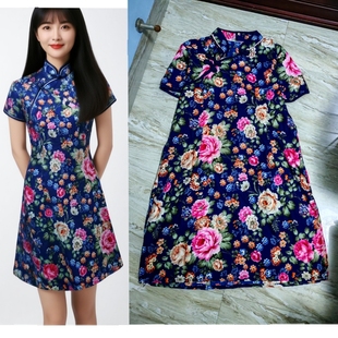 中国风式大印花修身显瘦短袖旗袍女士夏装复古中长款连衣裙子日常
