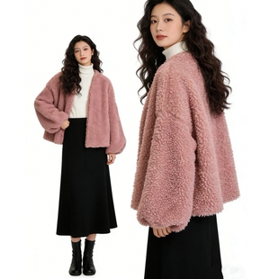 皮草大衣棉衣棉服披风上衣大码 女春秋冬装 新短款 宽松毛毛外套开衫
