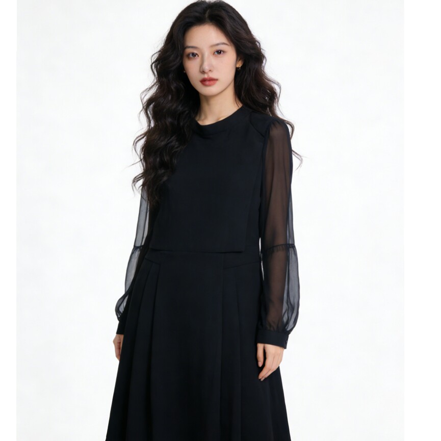 职场业气质白领打底衫连衣裙子女夏春秋装长袖修身显瘦黑色A字型