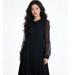 职场业气质白领打底衫连衣裙子女夏春秋装长袖修身显瘦黑色A字型