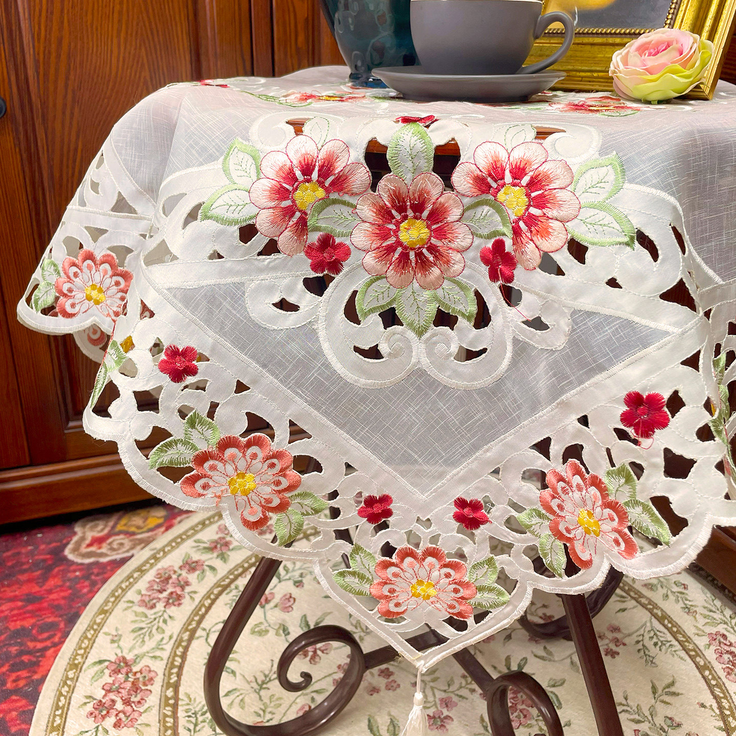 法式欧式田园重工镂空绣花镂空餐桌布茶几空调电视床头柜满工盖巾