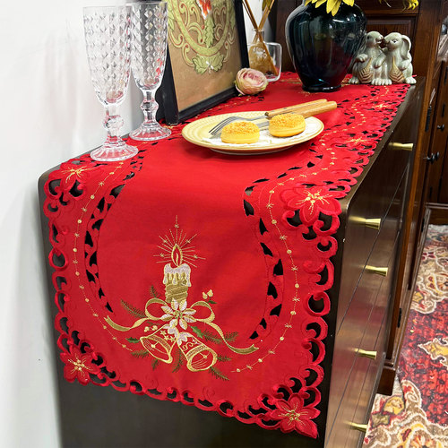 红色圣诞绣花桌旗节日装饰氛围感布置餐桌长条桌布餐边柜家电盖布