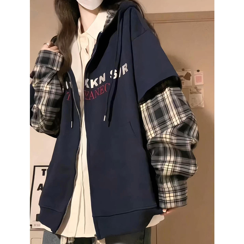 秋季格子衬衫外套开衫假两件卫衣复古蓝色拉链拼接设计感宽松上衣
