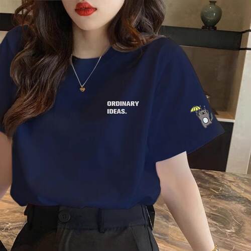 欧货藏青正肩短袖t恤女2025夏新款宽松纯棉设计感印花基础上衣ins