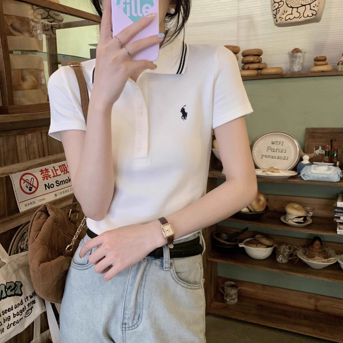 白色刺绣翻领正肩短袖t恤女夏季新款洋气减龄气质修身polo衫上衣