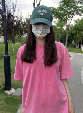 做旧水洗甜酷多巴胺玫红色短袖t恤女款夏季美式重磅纯色宽松上衣