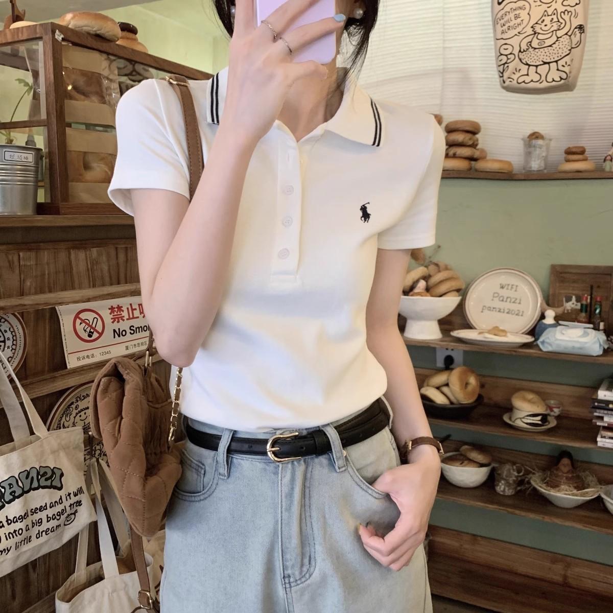 纯棉白色polo领短袖t恤女上衣