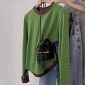 早秋绿色条纹长袖 撞色设计感假两件小众打底上衣冬 t恤女2025新款