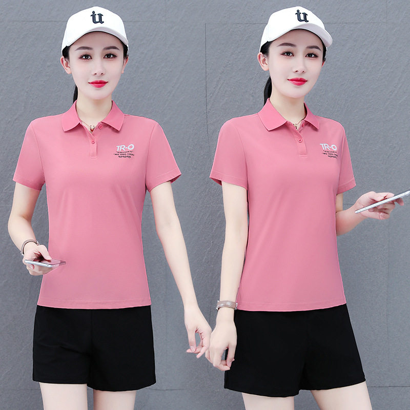 爆款新款休闲高棉运动套装女翻领polo衫短袖宽松短袖大码显瘦