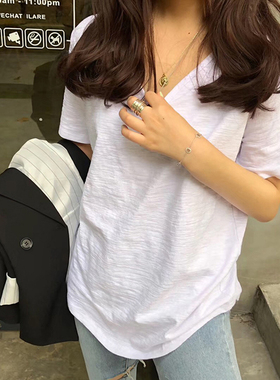 2026新款夏季上衣宽松韩版纯棉竹节棉白色短袖t恤V领半袖女ins潮