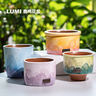 鹿鸣 2023秋季新品手绘中国风祇此青绿2.0大口径群生老桩绿植花盆