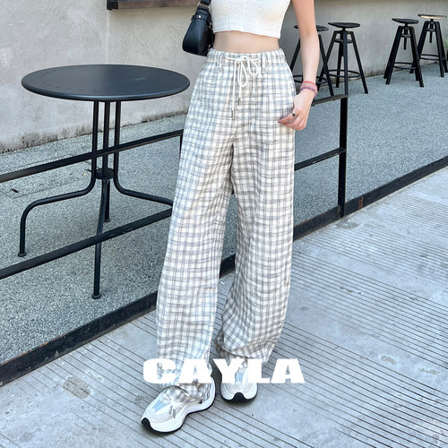 CAYLA泡泡格子弯刀阔腿裤