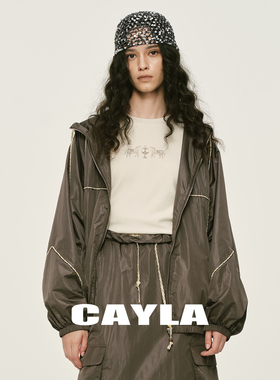 CAYLA春夏机能风拼接串珠抽绳拉链休闲中长薄款连帽外套26SS076