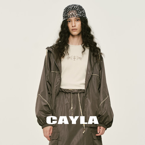 拼接串珠抽绳拉链休闲薄连帽外套